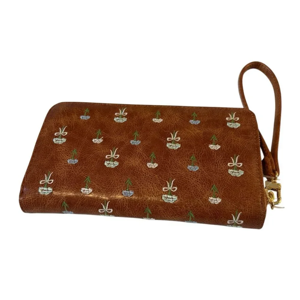 Brown Floral Women's Wallet w/ Blue & White Embroidered Flowers. Very Pretty